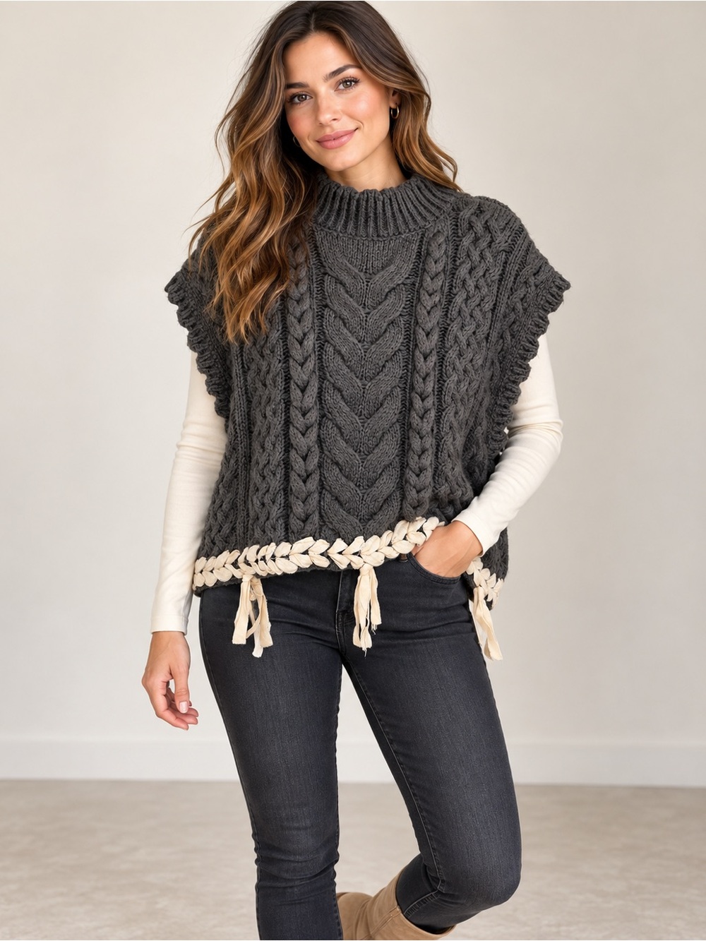 Zara Charcoal Cable Knit Artisan Sweater Vest Fringe Boho Cottagecore SZ Medium - Picture 2 of 15
